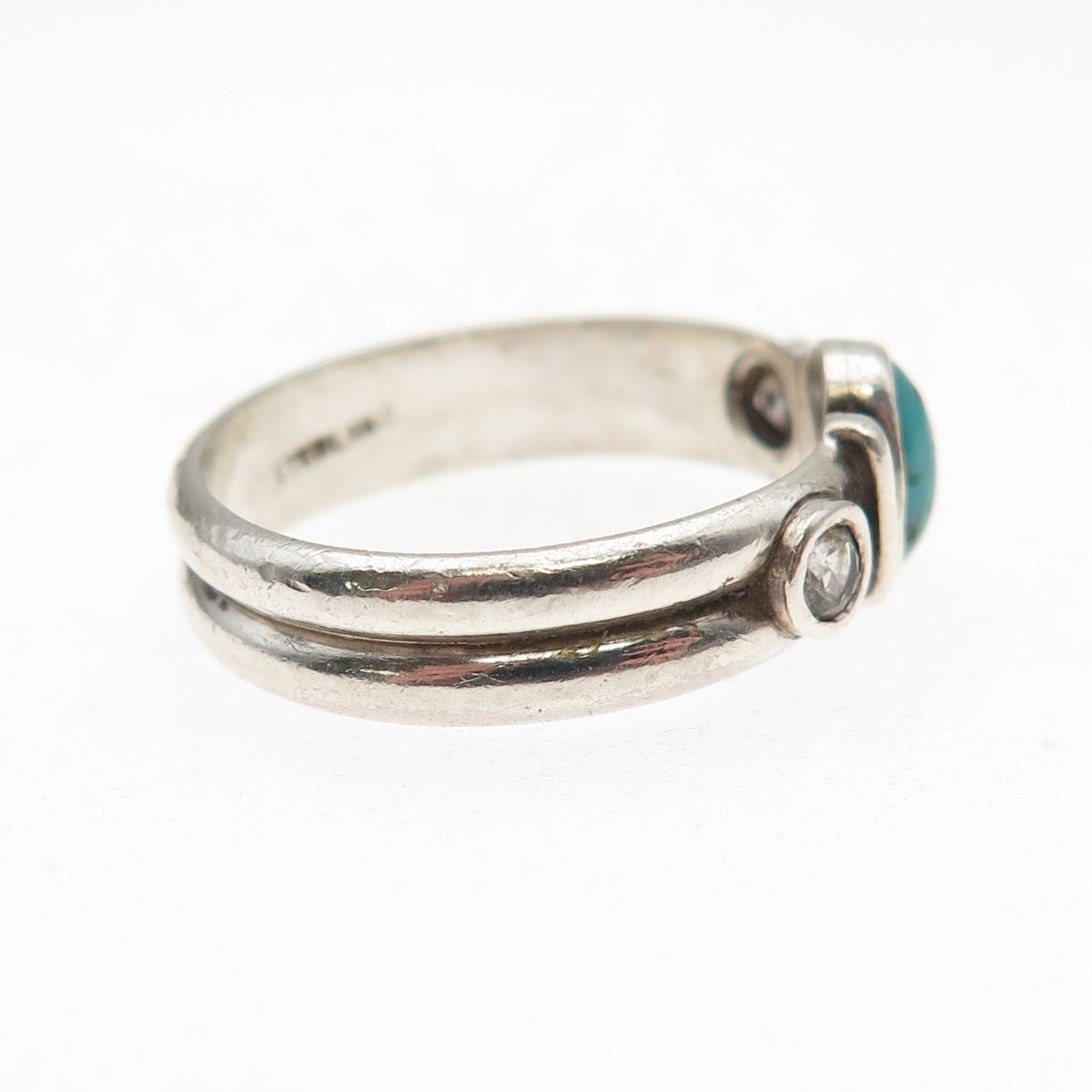 Old Pawn Sterling Silver Vintage Turquoise & White Topaz Tribal Ring Size 9.25