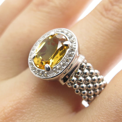 925 Sterling Silver Italy White Topaz & Citrine Gemstone Beaded Ring Size 9.75