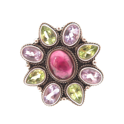 Doug Paulus 925 Sterling Vintage Real Rhodolite Amethyst Peridot Ring Size 7.25
