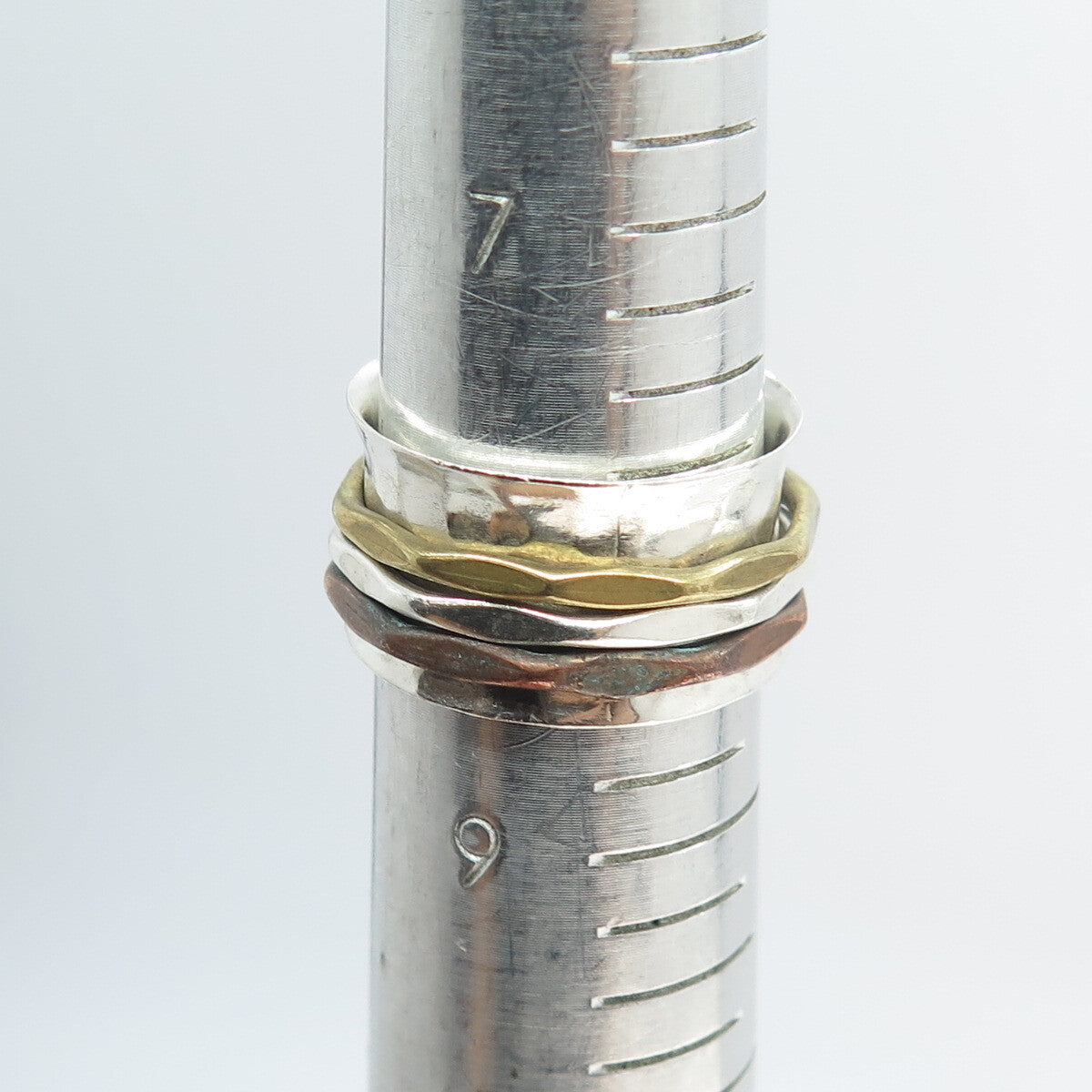 925 Sterling Silver 3-Tone Vintage Hammered Rotating Multi-Band Ring Size 8.5