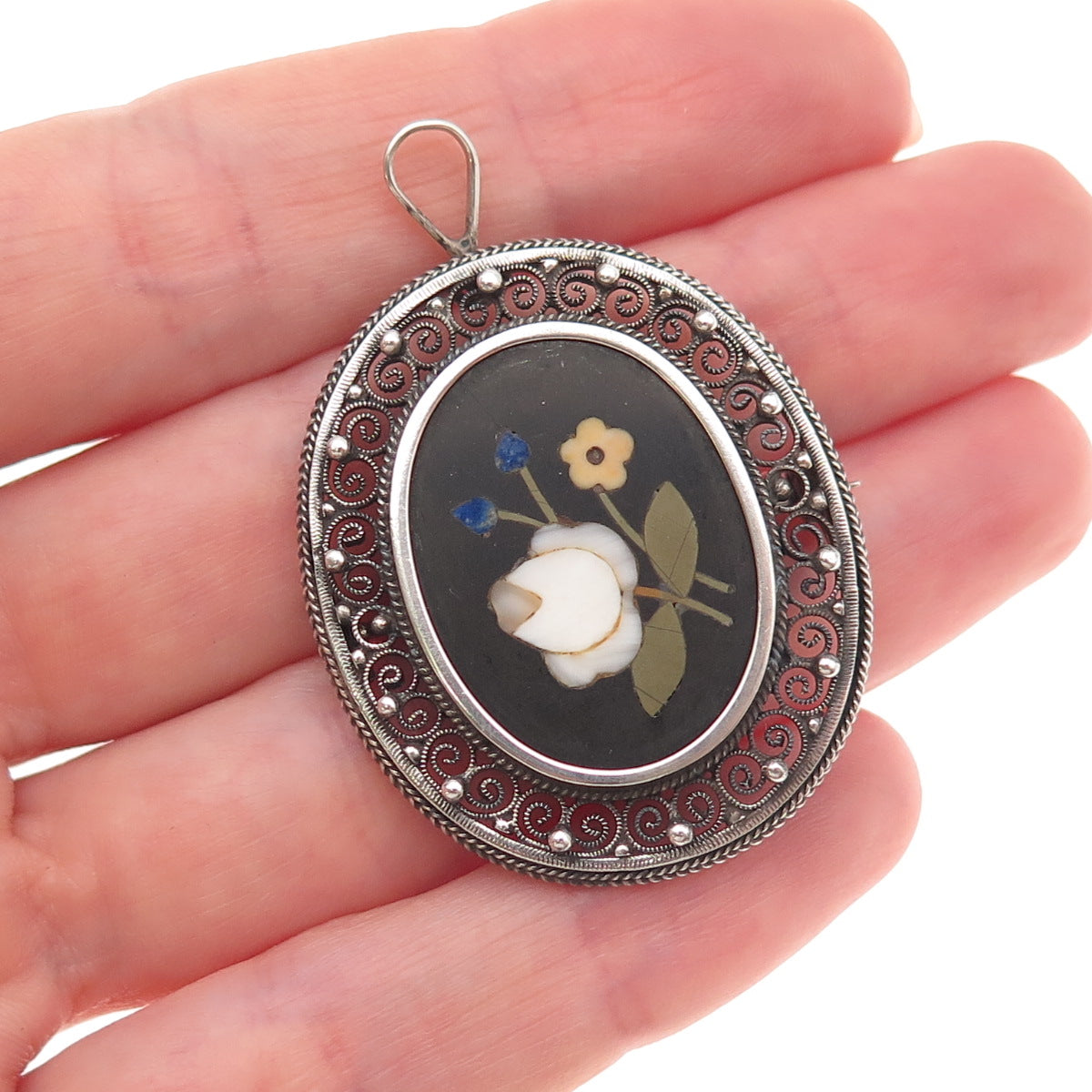 800 Silver Antique Art Deco Real Multi-Color Gem & MOP Floral Pin Brooch Pendant