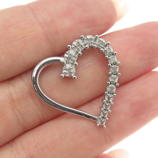 925 Sterling Silver Real Round-Cut Graduated Diamond Heart Slide Pendant