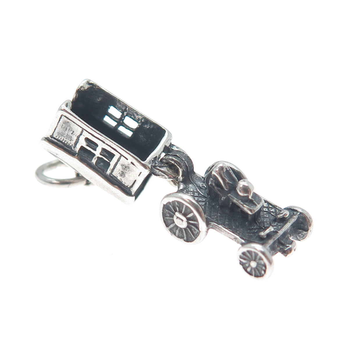 925 Sterling Silver Vintage Travel Wagon Oxidized Minimalist 3D Charm Pendant