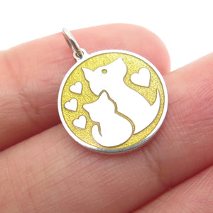 925 Sterling Silver Yellow Enamel Cat & Dog Friendship Minimalist Charm Pendant