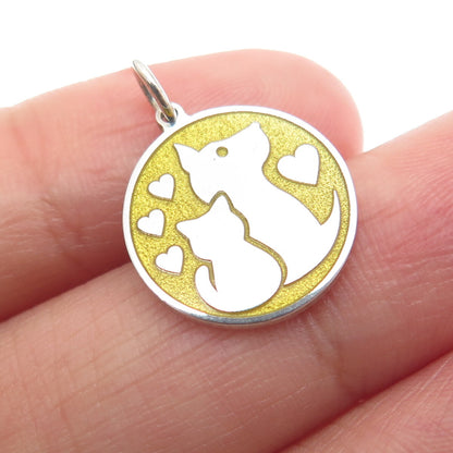 925 Sterling Silver Yellow Enamel Cat & Dog Friendship Minimalist Charm Pendant