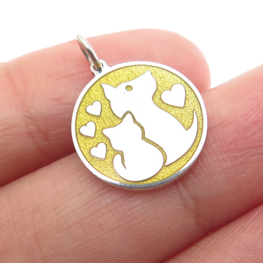 925 Sterling Silver Yellow Enamel Cat & Dog Friendship Minimalist Charm Pendant