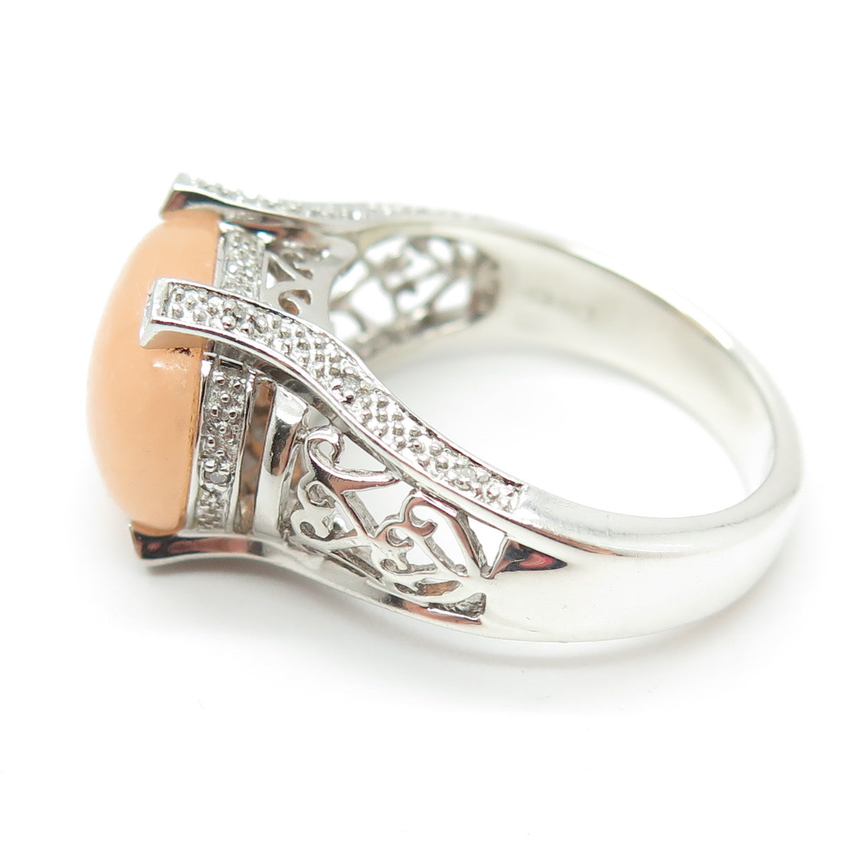 925 Sterling Silver Real Round-Cut Diamond & Peach Jade Heart Ring Size 11