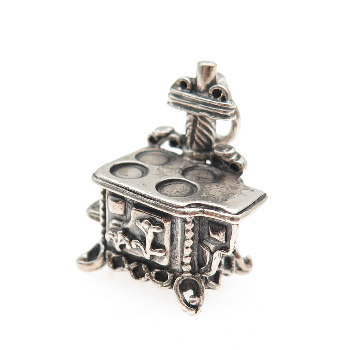 BEAU 925 Sterling Silver Vintage Cook Stove Oxidized 3D Mini Charm Pendant