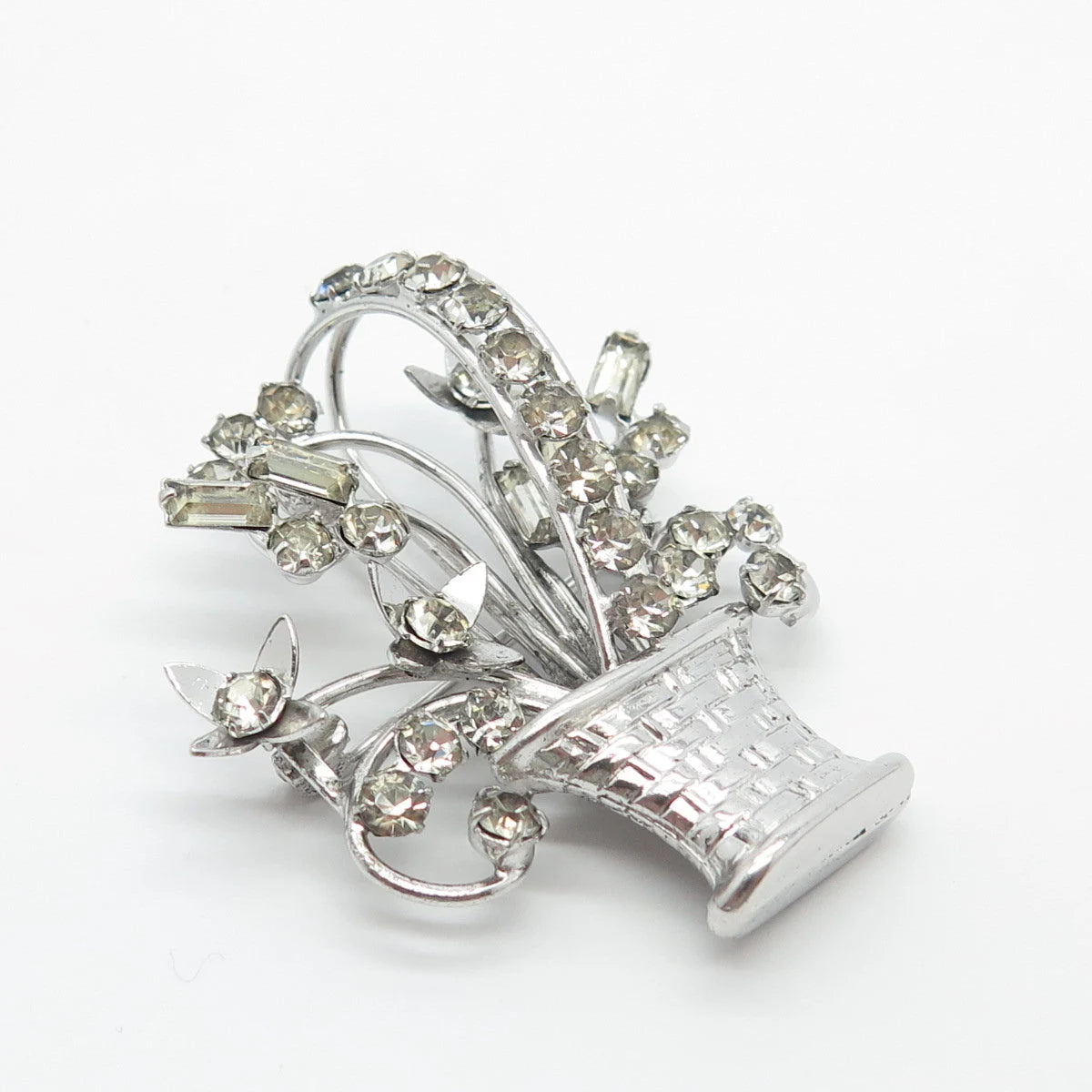 925 Sterling Silver Vintage Carl Art Rhinestone Floral Basket Pin Brooch