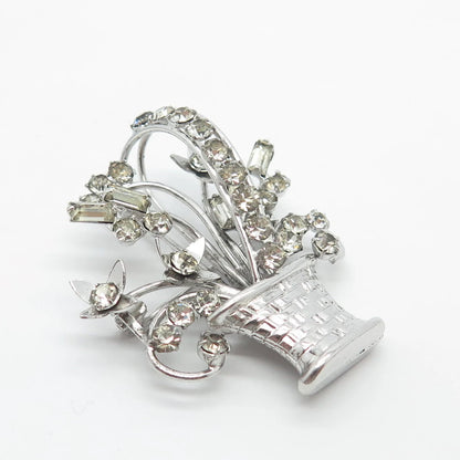 925 Sterling Silver Vintage Carl Art Rhinestone Floral Basket Pin Brooch