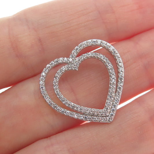 925 Sterling Silver Round-Cut C Z Double Heart Minimalist Charm Slide Pendant
