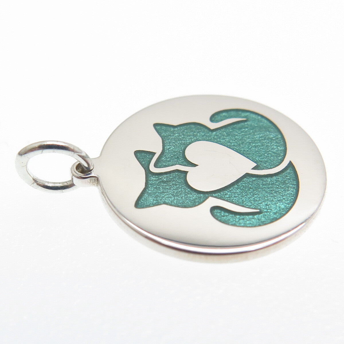 925 Sterling Silver Green Enamel Cat Couple Round Tag Minimalist Charm Pendant