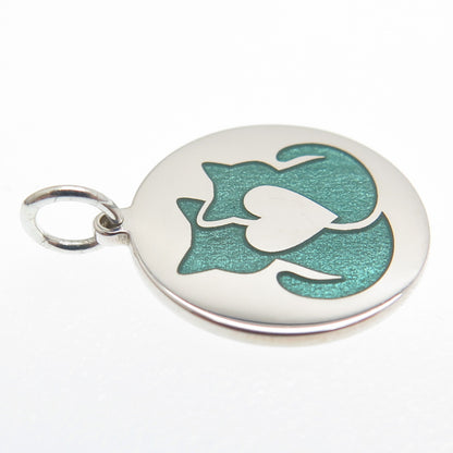 925 Sterling Silver Green Enamel Cat Couple Round Tag Minimalist Charm Pendant
