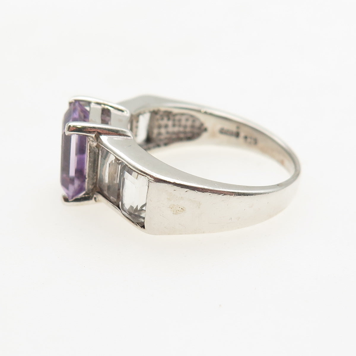 925 Sterling Silver Vintage Real Emerald-Cut Amethyst & White Topaz Ring Size 8