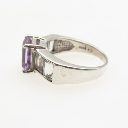 925 Sterling Silver Vintage Real Emerald-Cut Amethyst & White Topaz Ring Size 8
