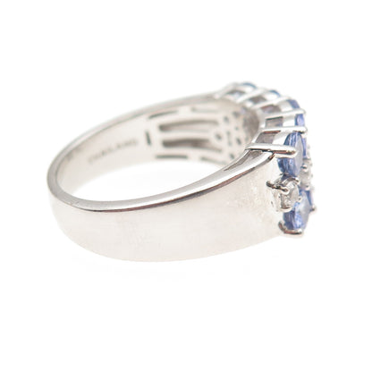 DSMK 925 Sterling Silver Real Round-Cut Tanzanite & White Topaz Ring Size 7.25