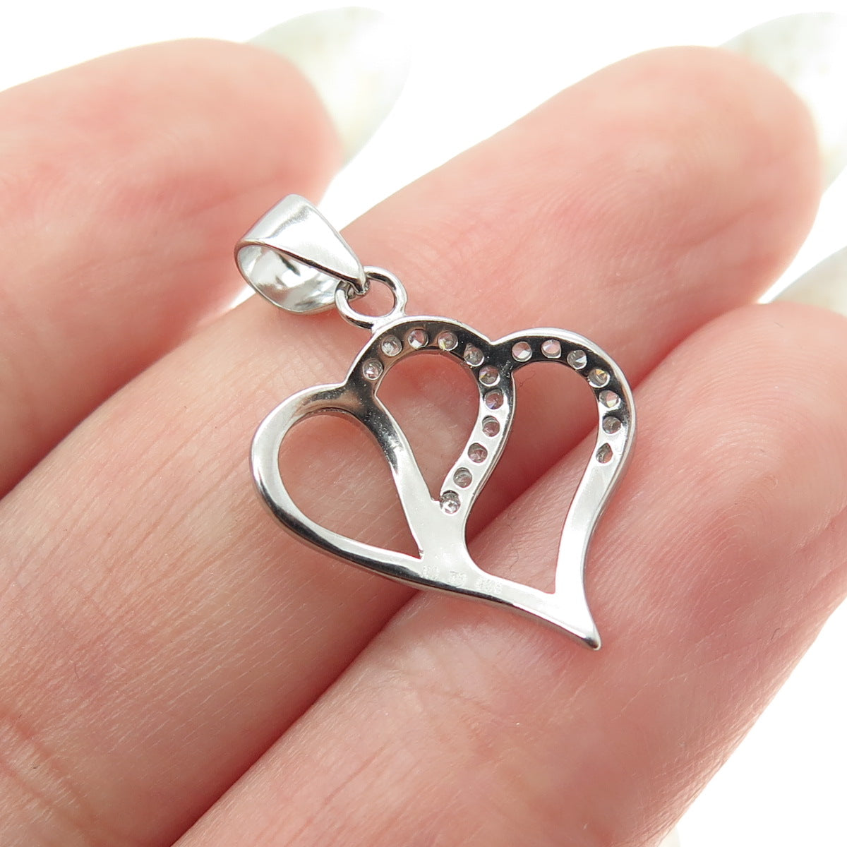 925 Sterling Silver Round-Cut Shaped C Z Double Heart Pendant