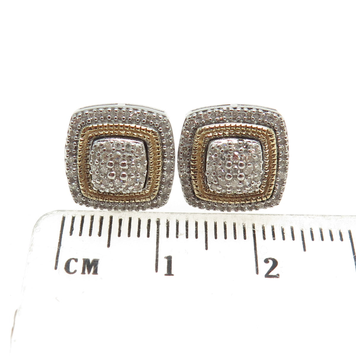 SUN 925 Sterling Silver & 10K Gold Real Round-Cut Diamond Cushion Stud Earrings