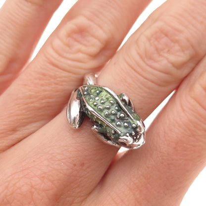 925 Sterling Silver Vintage Enamel Frog Good Luck Oxidized Ring Size 6
