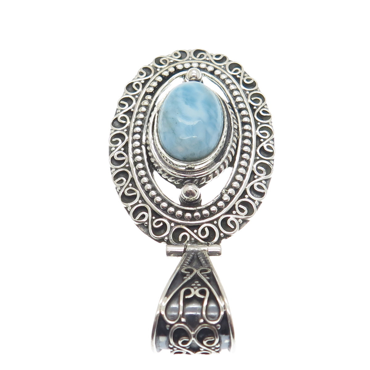 925 Sterling Silver Vintage Real Larimar Gemstone Boho Ornate Pendant