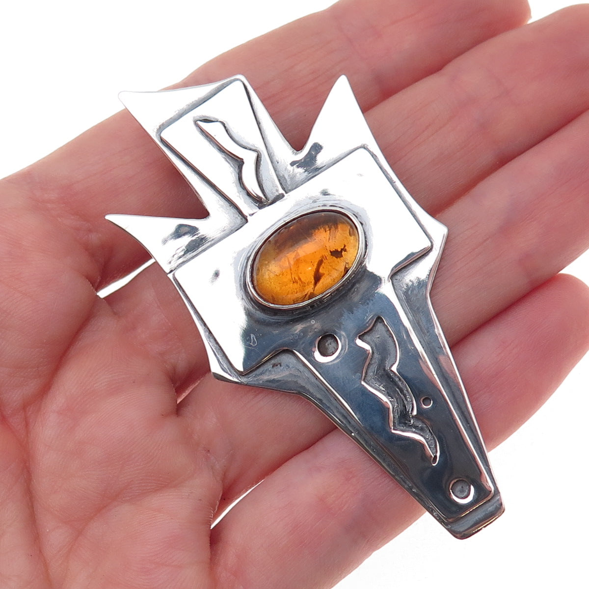 925 Sterling Silver Vintage Real Amber Modernist Cross Pin Brooch / Pendant