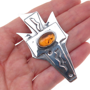 925 Sterling Silver Vintage Real Amber Modernist Cross Pin Brooch / Pendant