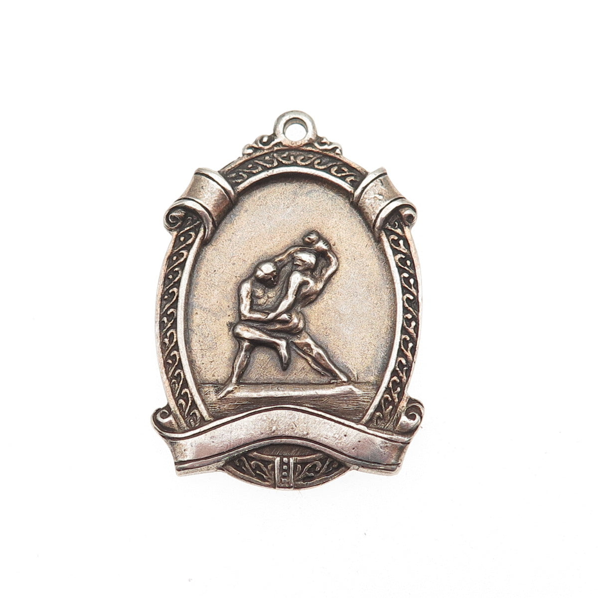 925 Sterling Silver Antique Art Deco Wrestling Medallion Oxidized Pendant