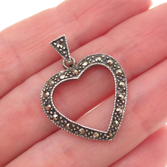 925 Sterling Silver Vintage Real Marcasite Heart Oxidized Charm Pendant