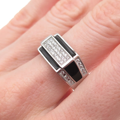 925 Sterling Silver Black Enamel & Round-Cut C Z Signet Ring Size 10.75