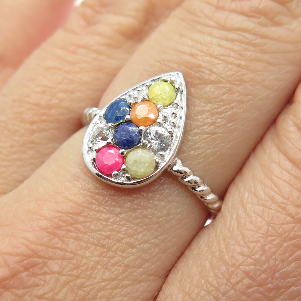 925 Sterling Silver Real Multi-Color Sapphire & White Topaz Teardrop Ring Size 8