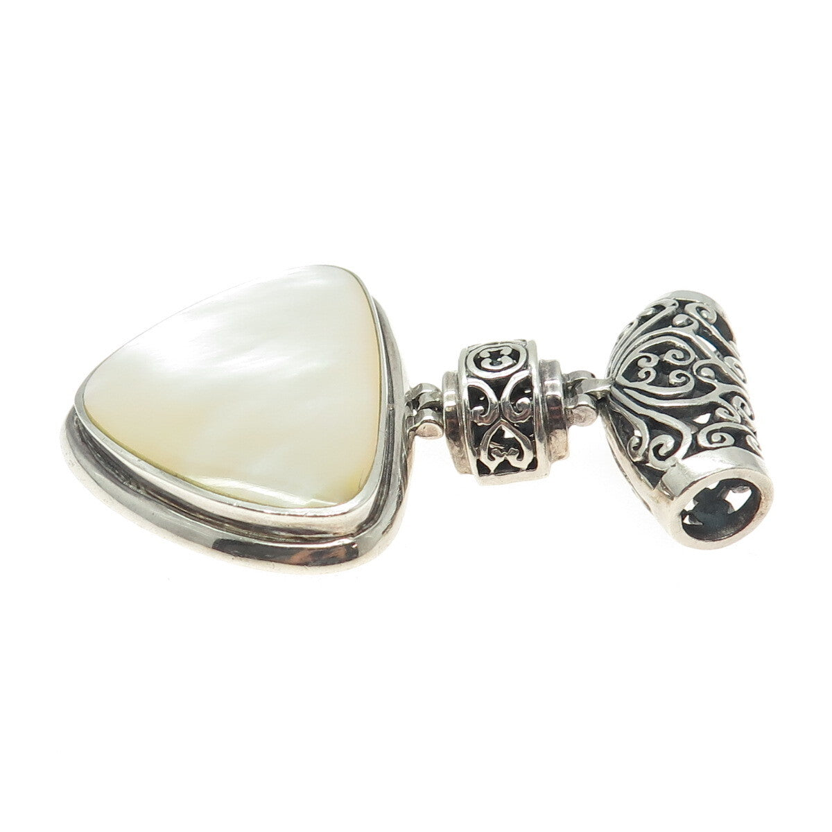 925 Sterling Silver Vintage Real Mother-of-Pearl Swirl / Ornate Slide Pendant