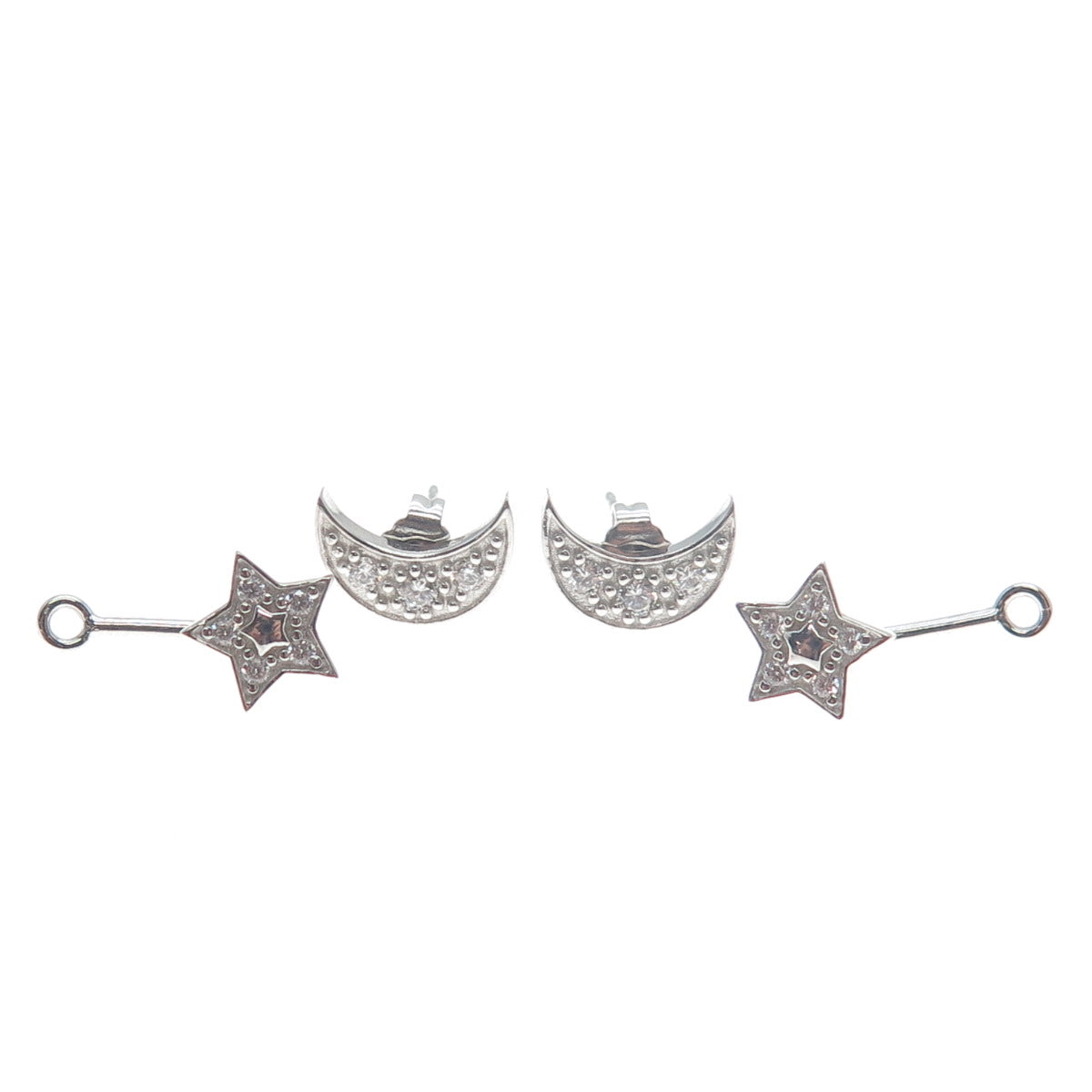 925 Sterling Silver Round-Cut C Z Crescent Moon & Star Interchangeable Earrings