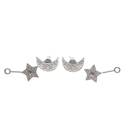 925 Sterling Silver Round-Cut C Z Crescent Moon & Star Interchangeable Earrings