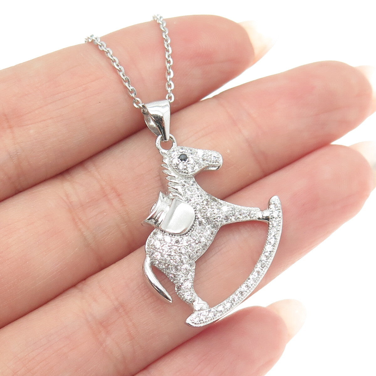 925 Sterling Silver Round-Cut Black & White C Z Rocking Horse Chain Necklace 16"