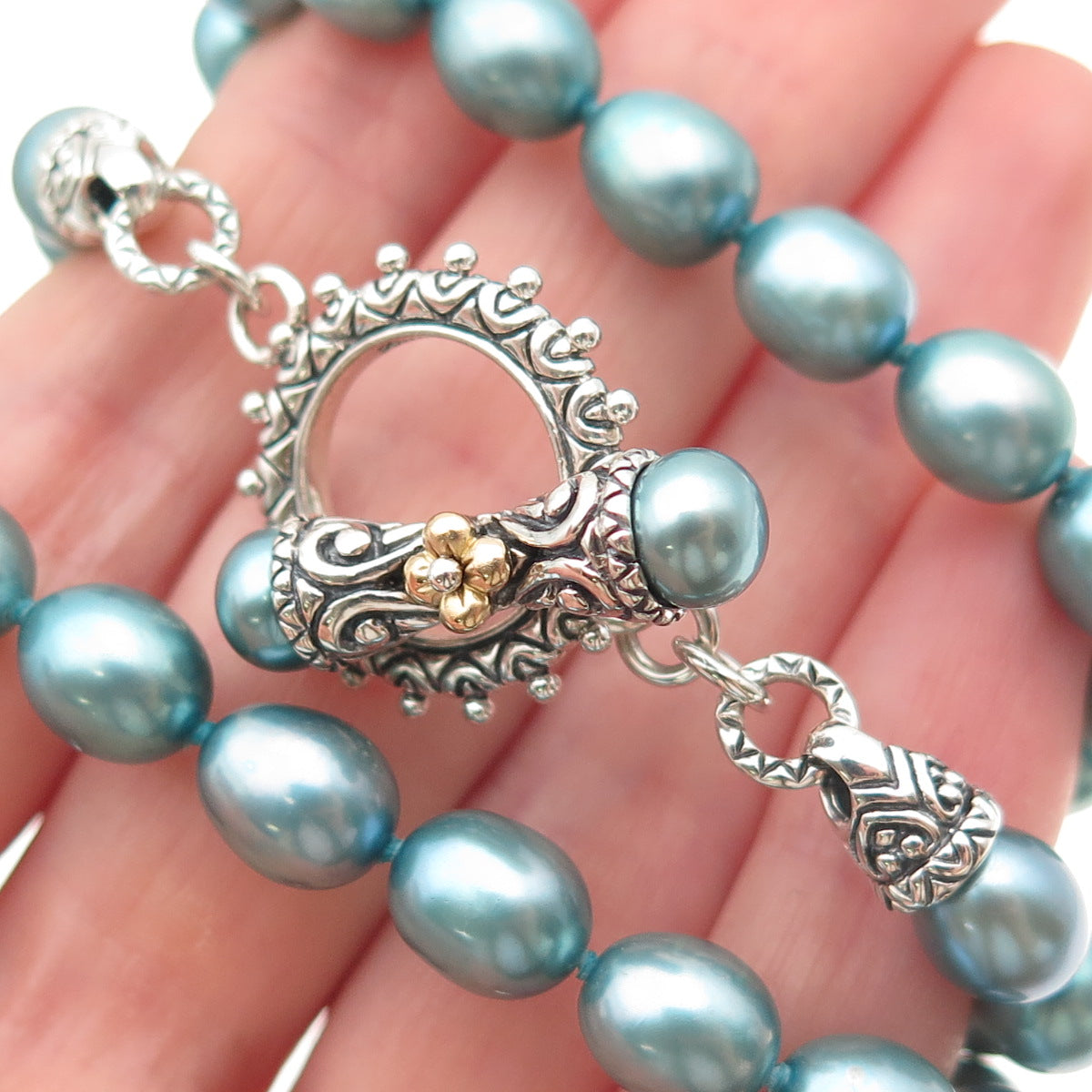 Barbara Bixby 925 Sterling Silver 18K Gold Real Pearl Beaded Necklace 18"