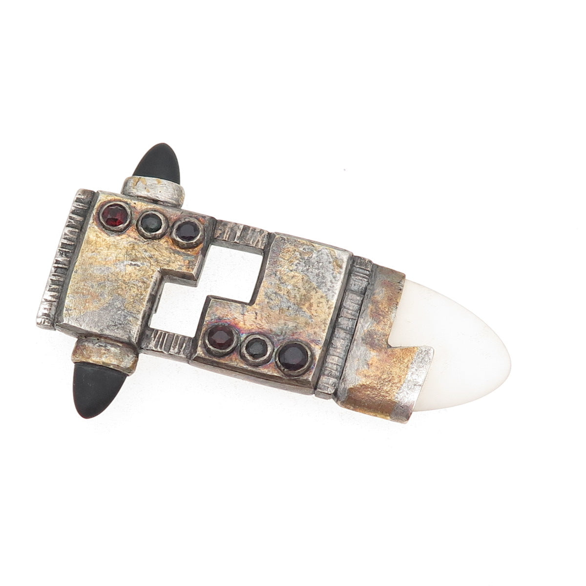 Emilie Sterling 22K Gold Vintage Onyx Garnet Quartz Tourmaline Modernist Brooch