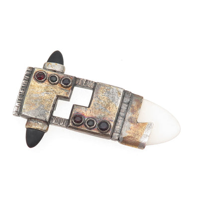 Emilie Sterling 22K Gold Vintage Onyx Garnet Quartz Tourmaline Modernist Brooch