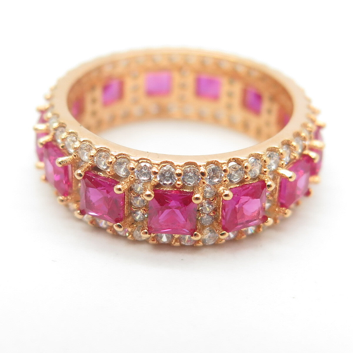 925 Sterling Silver Gold Plated Lab-Created Ruby & C Z Band Ring Size 5.25