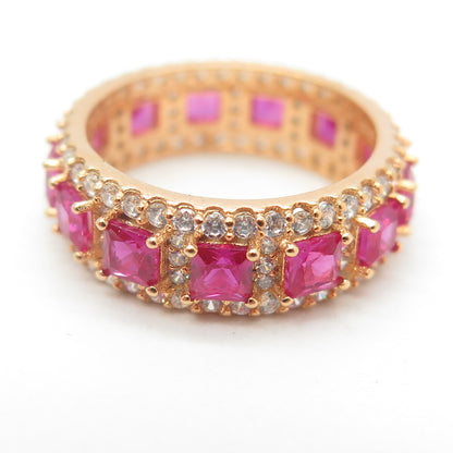 925 Sterling Silver Gold Plated Lab-Created Ruby & C Z Band Ring Size 5.25
