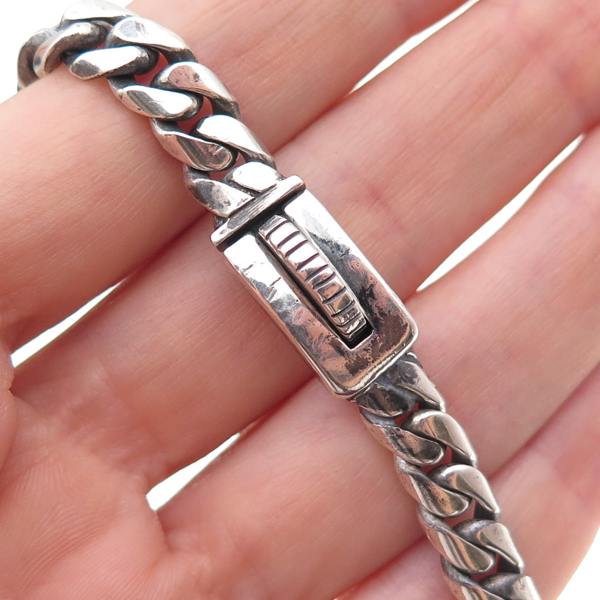 925 Sterling Silver Vintage Mexico Cuban Link Oxidized Bracelet 7"