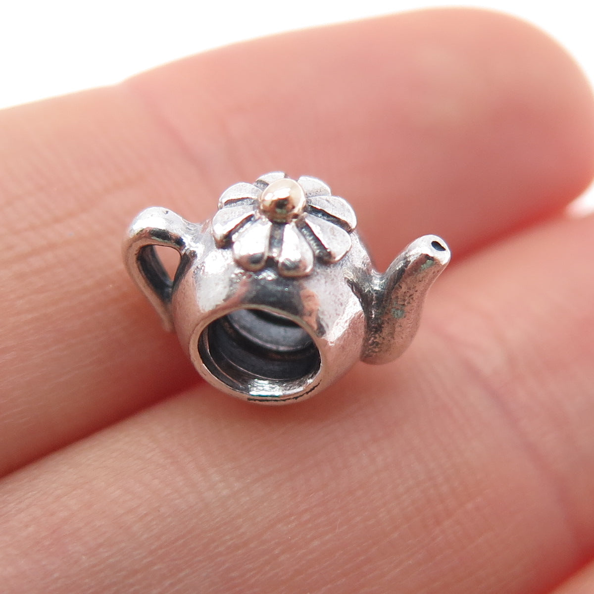 PANDORA 925 Sterling Silver & Gold Teapot Slide Bead Charm