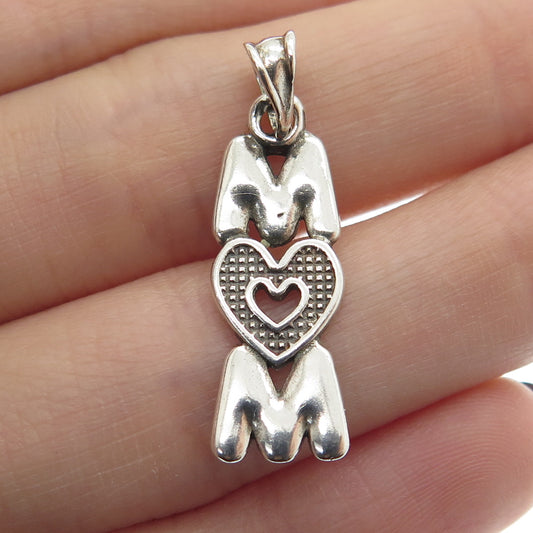 925 Sterling Silver Vintage "MOM" Heart Charm Pendant