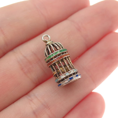 925 Sterling Gold Plated Antique China Enamel Bird Cage Minimalist 3D Pendant