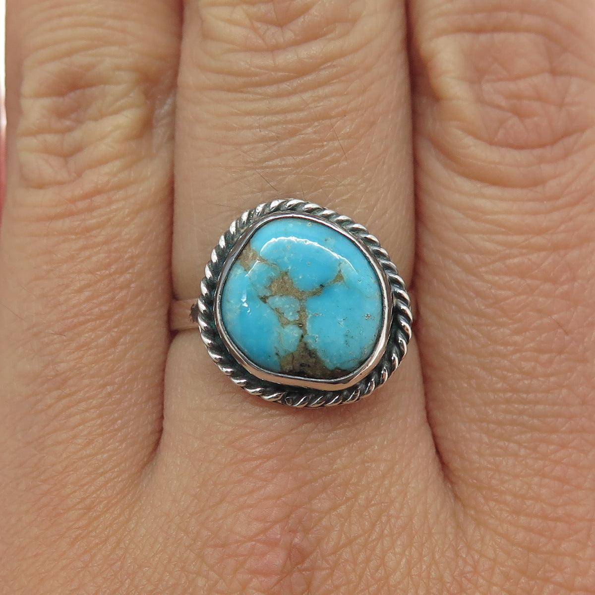 Old Pawn Sterling Silver Vintage Lone Mountain Turquoise Roped Ring Size 7.75