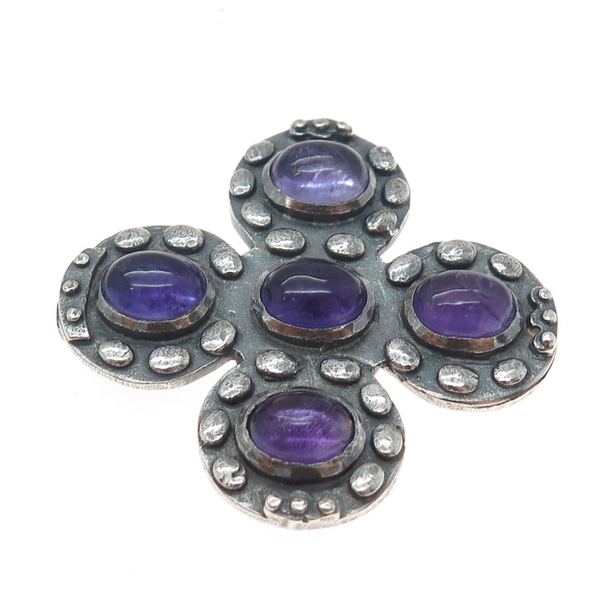 925 Sterling Silver Vintage Real Amethyst Modernist Cross Oxidized Pendant