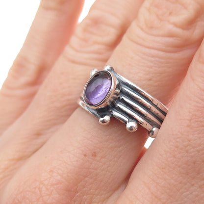 925 Sterling Silver Vintage Real Amethyst Modernist Oxidized Ring Size 8.25