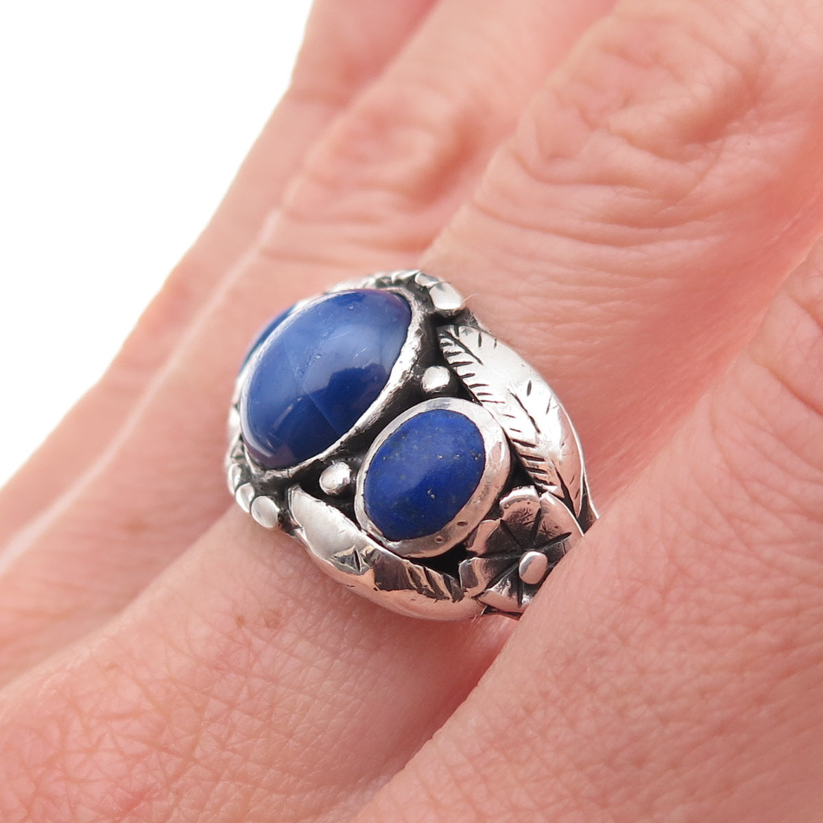 925 Sterling Antique Art Deco Lab-Created Sapphire Real Lapis Ring Size 12.75