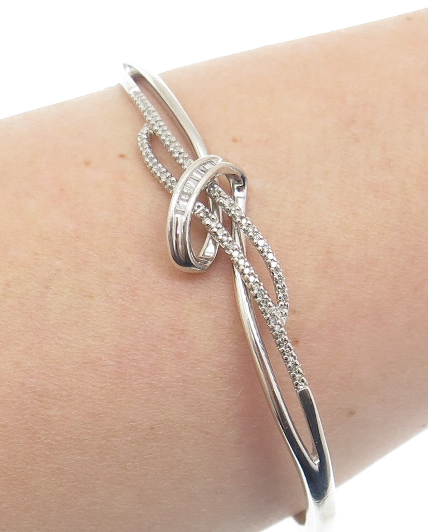 SUN Sterling Silver Real Round Tapered Baguette-Cut Diamond Bangle Bracelet 7.5"