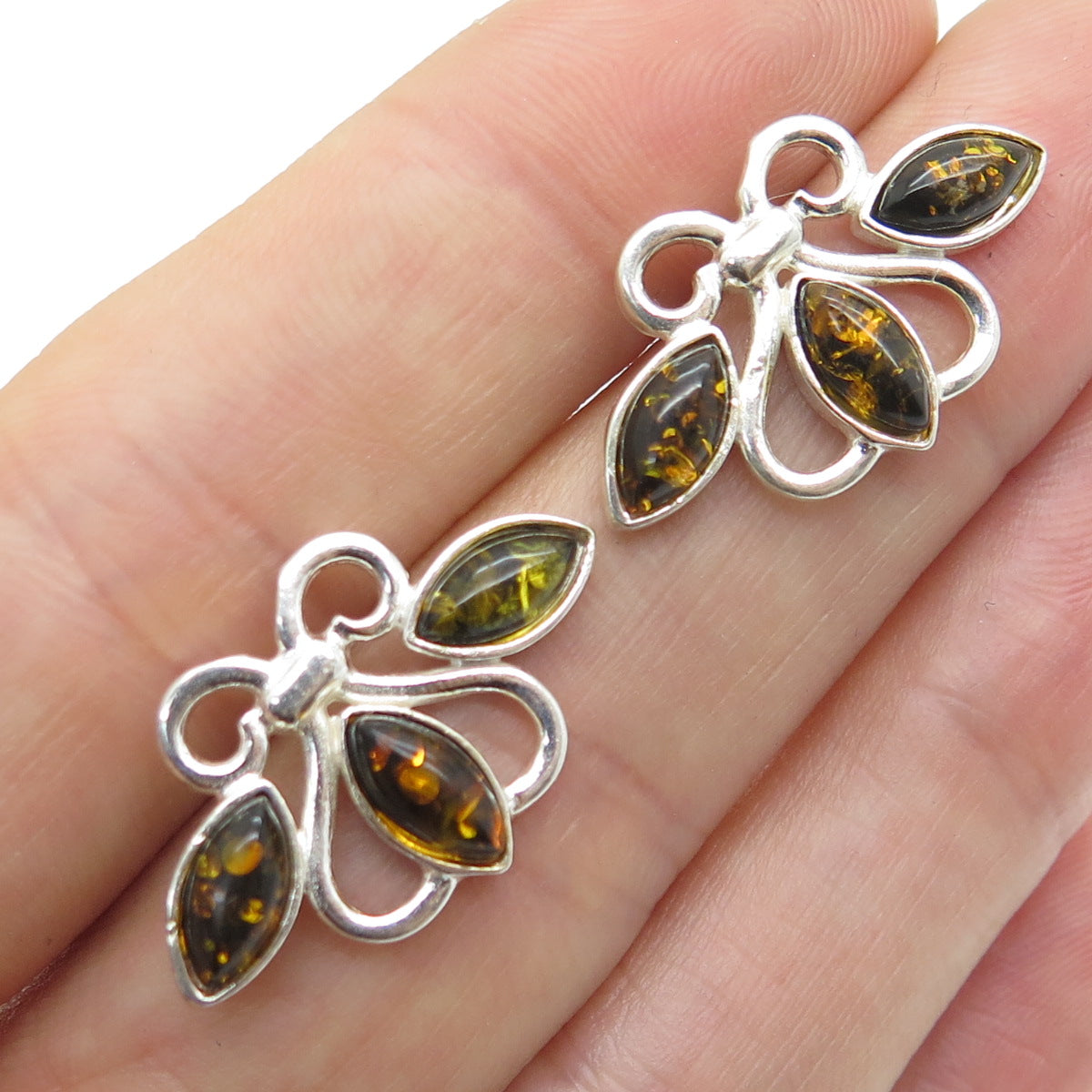 925 Sterling Silver Vintage Real Baltic Amber Stud Earrings