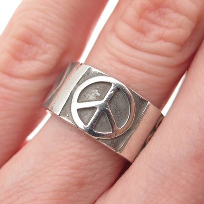 925 Sterling Silver Vintage Peace Symbol Oxidized Band Ring Size 6